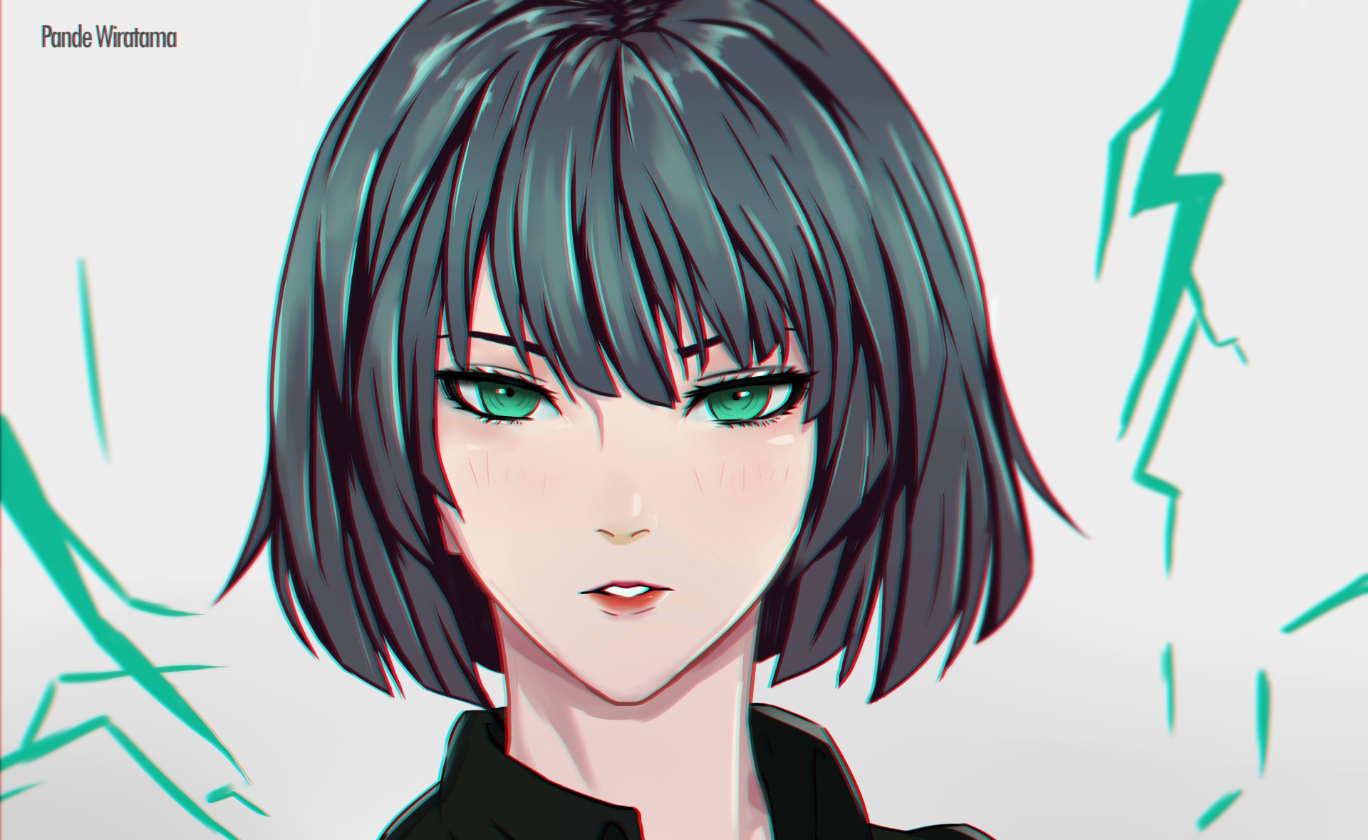 Fubuki from One-Punch Man in a detailed anime style, featuring sharp green eyes and black bob hair, set against a stylized lightning background, 4K Ultra HD desktop wallpaper.