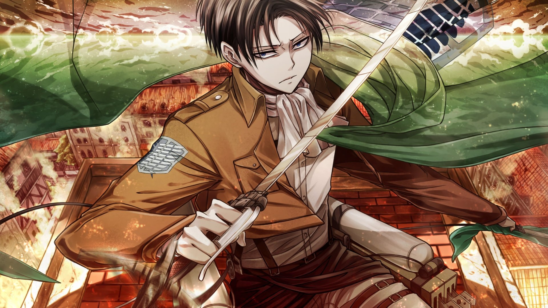 Levi Ackerman from Attack on Titan wields a sword mid-battle, set against a burning city backdrop in this detailed 4K Ultra HD anime desktop wallpaper.