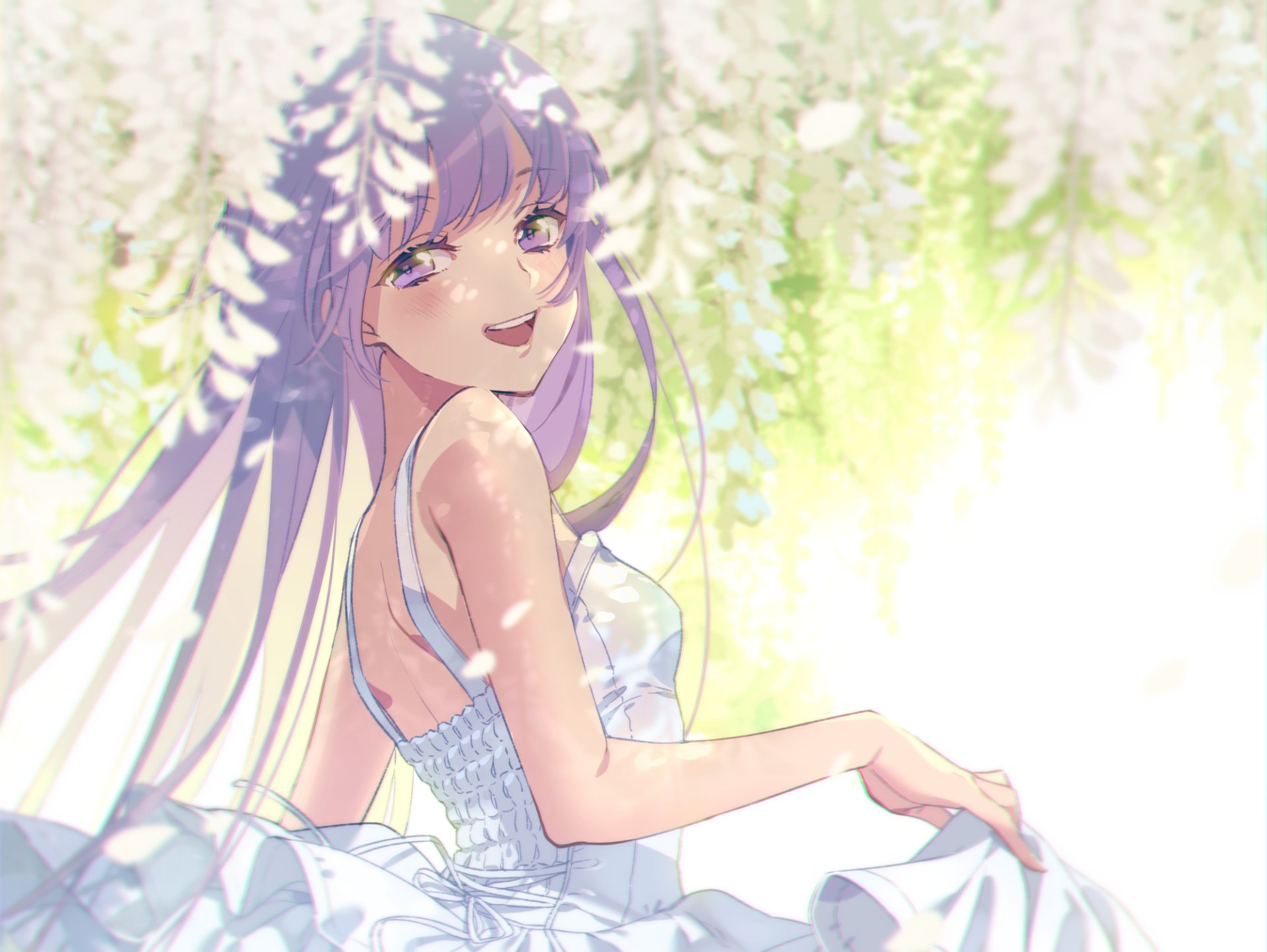 Download White Dress Purple Eyes Purple Hair Long Hair Anime Original HD Wallpaper by みやも