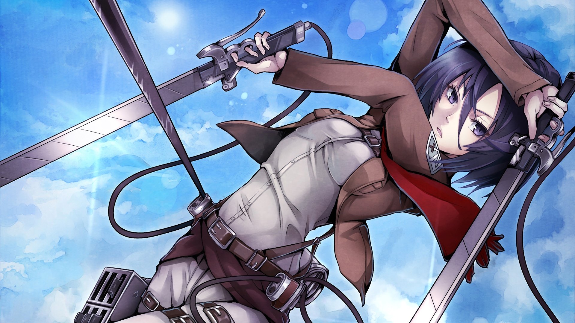 4K Ultra HD anime wallpaper featuring Mikasa Ackerman from Attack on Titan, dynamically posed with dual swords against a bright blue sky background.