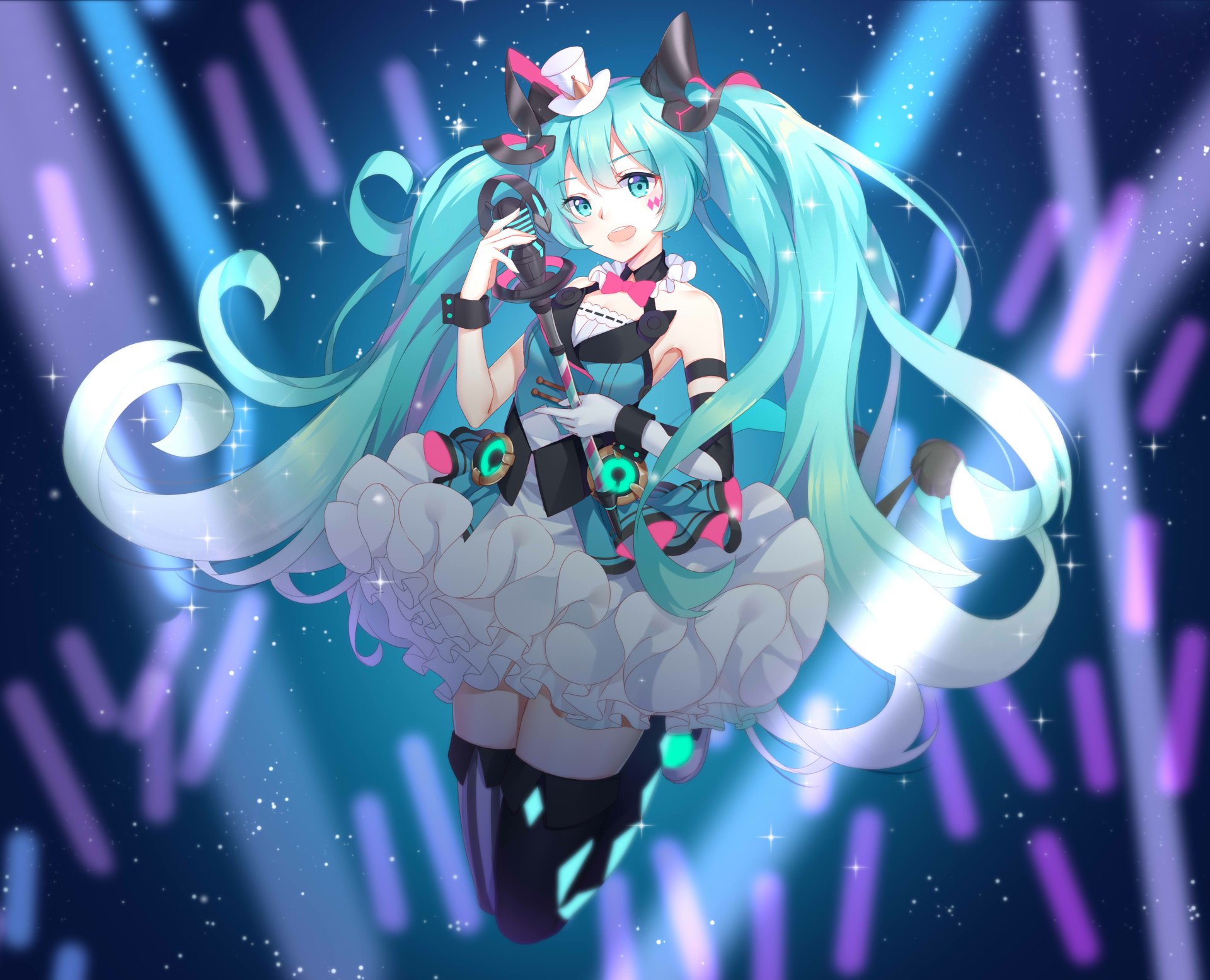 Vibrant 4K Ultra HD anime wallpaper featuring Hatsune Miku, the iconic Vocaloid character, with flowing turquoise twin-tails and futuristic stage lighting effects.