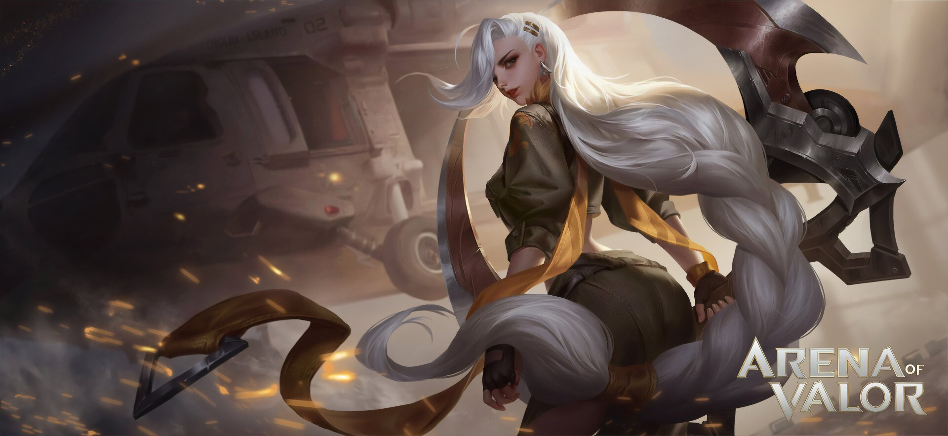 HD PC desktop wallpaper featuring a long-haired white-haired character from the video game Arena of Valor in a dynamic, cinematic pose.