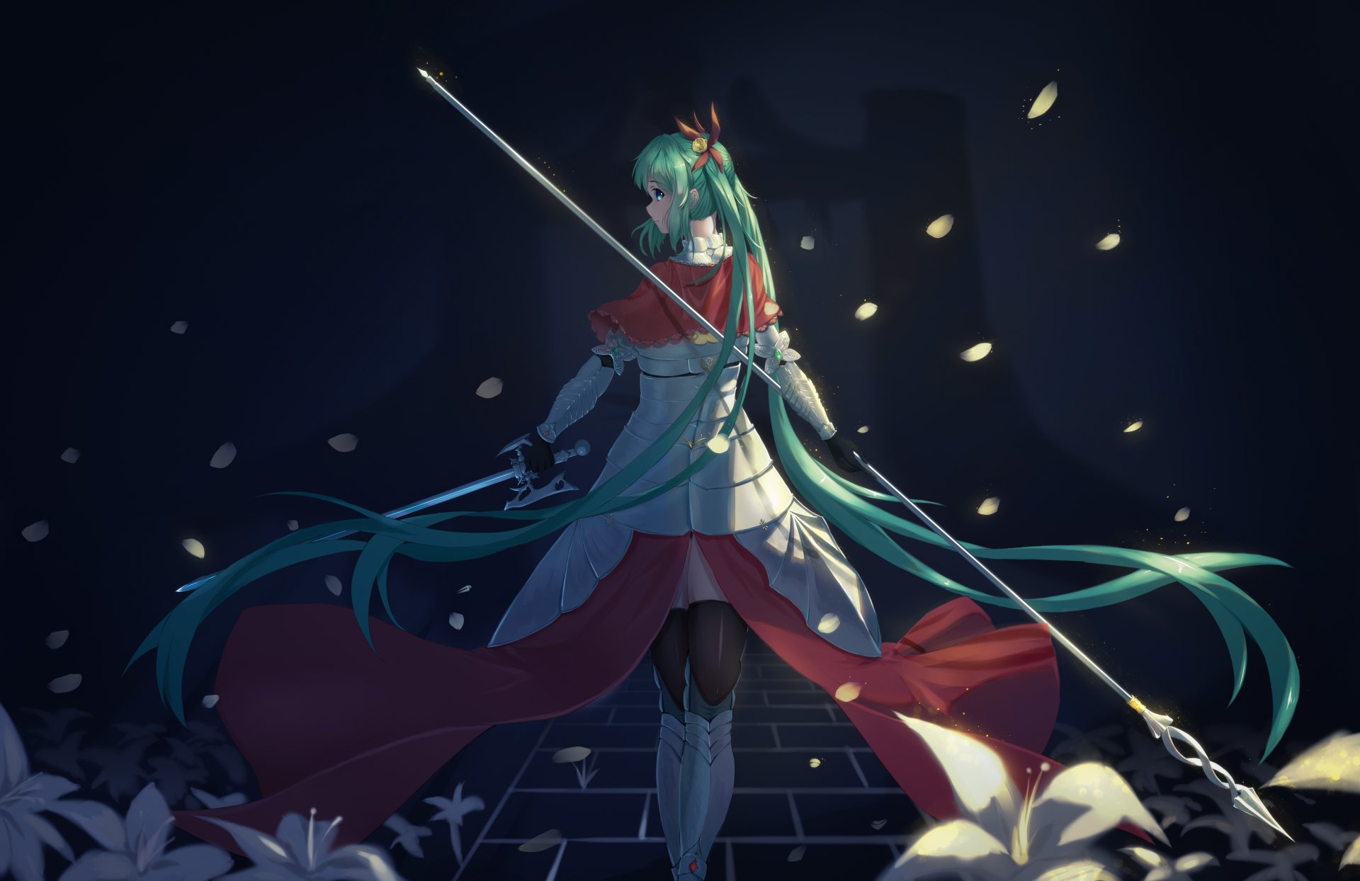 HD desktop wallpaper featuring Hatsune Miku, an anime character from Vocaloid, in a dramatic scene holding a sword with light petals floating around her, creating a captivating background.
