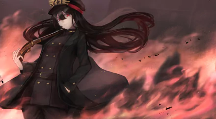 Oda Nobunaga from Fate/Grand Order with long black hair and red eyes, holding a gun as Demon Archer amid dark, swirling fiery clouds in this HD anime wallpaper.