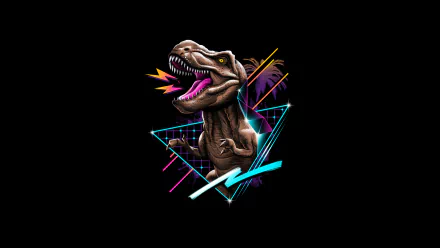 Artistic HD desktop wallpaper featuring a retro wave style Tyrannosaurus Rex with colorful geometric shapes and neon accents in the background.