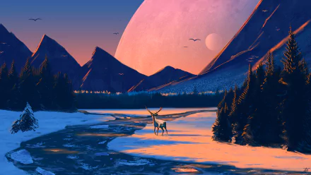 Fantasy HD desktop wallpaper depicting a serene snowy landscape with a deer standing by a river, under a large pink moon and surrounded by dark mountains.