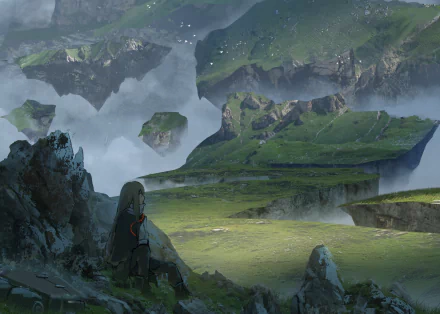 A fantasy adventure-themed anime landscape with floating islands and lush green hills, captured in HD as a desktop wallpaper. A lone figure sits on a rock, gazing at the mystical scene.