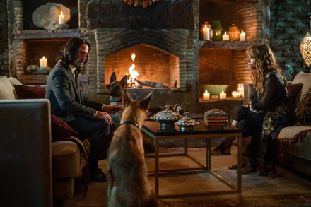 Candlelit 8K Ultra HD PC wallpaper from John Wick: Chapter 3 – Parabellum showing two characters and a dog seated by a fireplace across a coffee table.