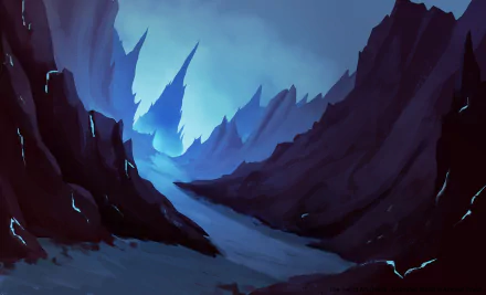 A 4K Ultra HD fantasy landscape depicts jagged, dark mountains under a deep blue sky, creating a mysterious and immersive fantasy scene for a PC desktop wallpaper.