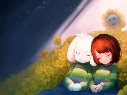 4K Ultra HD desktop wallpaper featuring Asriel and Chara from the video game Undertale, peacefully resting among golden flowers with a glowing flower in the background.