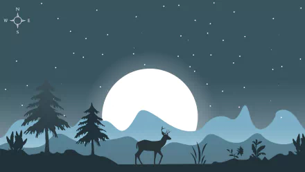 Artistic 4K Ultra HD wallpaper of a deer silhouette against a large glowing moon with pine trees and mountains under a starry night sky.