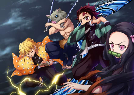 HD wallpaper featuring Nezuko Kamado, Tanjiro Kamado, Zenitsu Agatsuma, and Inosuke Hashibira from the anime Demon Slayer: Kimetsu no Yaiba. Characters are depicted in an action scene with various weapons.