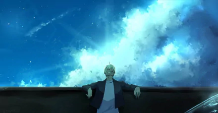 Rei Furuya from Detective Conan leans on a railing beneath a vivid, star-filled sky — HD anime desktop wallpaper.