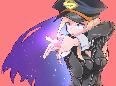 Camie Utsushimi from My Hero Academia in a glossy black uniform and cap, summoning purple energy against a coral backdrop — 5K Ultra HD PC Desktop Wallpaper and Background