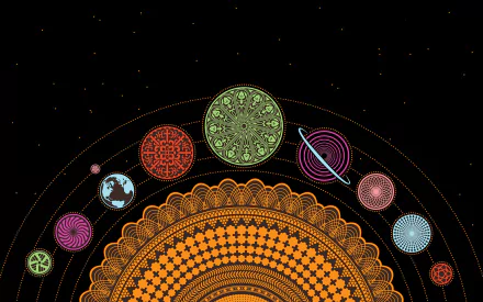 HD PC desktop wallpaper featuring an artistic arrangement of colorful chakra symbols and planetary motifs on a black background.