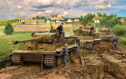 HD PC desktop wallpaper of WWII Tiger I tanks and military crew moving along a muddy village road, two tanks with soldiers, thatched houses and a cloudy sky background.