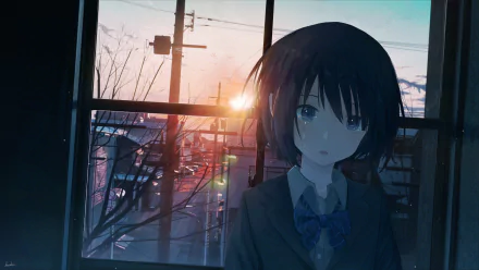 Anime character with black hair in a school uniform standing by a window, overlooking power lines against a sunset. HD wallpaper capturing an introspective moment.