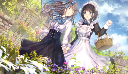 Anime wallpaper featuring two maids with brown and black hair, long and short respectively. They are in a garden filled with flowers, holding hands, with one carrying a basket. The background shows a building.