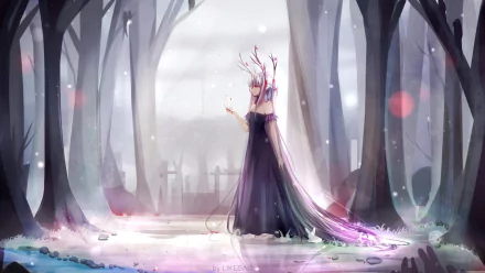 HD anime forest desktop wallpaper featuring an original character in a dark flowing dress standing amidst tall, bare trees in a mystical, snowy woodland scene.