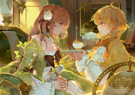 HD anime desktop wallpaper featuring two cute original characters sharing tea in an elegant, warmly lit room, showcasing detailed costumes and soft, expressive art style.