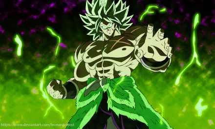 Broly from Dragon Ball Super: Broly stands electrified with green energy, depicted in a dynamic anime style for a vibrant 4K Ultra HD PC desktop wallpaper.
