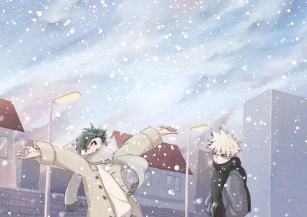 jacket street light winter scarf white hair green hair snowfall Katsuki Bakugou Izuku Midoriya Anime My Hero Academia winter anime HD Desktop Wallpaper | Background Image