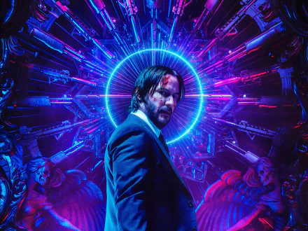 HD desktop wallpaper featuring Keanu Reeves as John Wick from the movie John Wick: Chapter 3 - Parabellum, with a vibrant blue and purple neon background highlighting weapons and intense action elements.