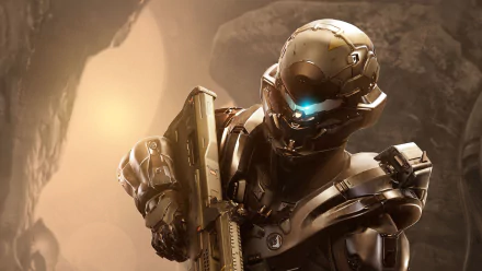 4K Ultra HD PC desktop wallpaper featuring a detailed armored Spartan soldier from the video game Halo 5: Guardians, set against a dimly lit cave background.