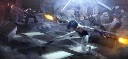4K Ultra HD Cyber Hunter wallpaper featuring a blue-haired character wielding a gun in a dynamic battle scene with futuristic elements on a PC desktop background.