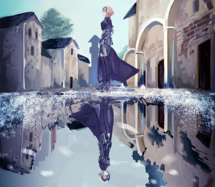 A stunning HD wallpaper featuring Jeanne d'Arc from the Fate Series, depicted as Ruler in Fate/Grand Order. She stands in a reflective, shimmering street, creating a beautiful and captivating backdrop.