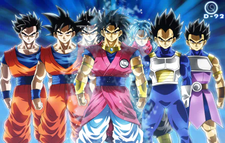 HD desktop wallpaper featuring Dragon Ball Super characters Goku and Vegeta in Ultra Instinct and Super Saiyan Blue forms, alongside Gohan and Trunks in intense battle stances.