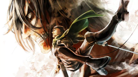 HD PC wallpaper of Attack on Titan: Levi Ackerman springing with ODM gear as Eren Yeager's Titan looms in dramatic light.