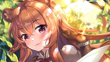 HD desktop wallpaper of Raphtalia from The Rising of the Shield Hero anime, featuring her with glowing purple eyes and in battle armor amidst a sunlit backdrop.