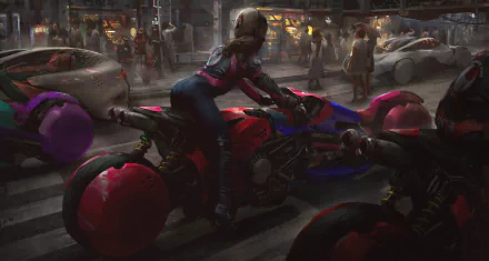 A person in futuristic gear rides a sci-fi motorcycle through a busy cyberpunk city street, surrounded by advanced vehicles and a bustling crowd. HD desktop wallpaper and background.