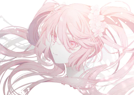 HD PC desktop wallpaper featuring Sakura Miku from Vocaloid in a soft, pastel anime style with flowing hair and cherry blossom accents.