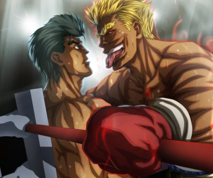 HD anime desktop wallpaper featuring intense rivals Mamoru Takamura and Bryan Hawk from Hajime no Ippo in a dramatic boxing showdown.
