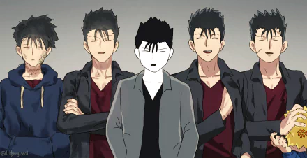 HD PC desktop wallpaper of Ryo Shimazaki from Mob Psycho 100: central monochrome-styled figure in a gray coat flanked by four casual-clad variants against a muted gray backdrop.