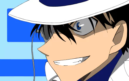 Close-up of Kaito Kuroba (Detective Conan) grinning in a white top hat and mask — anime HD PC desktop wallpaper with bold blue geometric background.