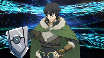 HD PC desktop wallpaper featuring Naofumi Iwatani from the anime The Rising of the Shield Hero, depicted with his iconic shield and green cloak against a digital blue background.