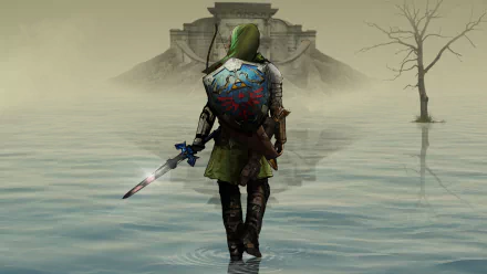 HD desktop wallpaper featuring Link from The Legend of Zelda: Ocarina of Time, holding a sword and shield, walking through misty water toward an ancient temple.