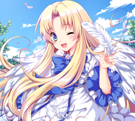 Anime HD desktop wallpaper of Filo from The Rising of The Shield Hero, featuring blonde hair, white dress, and angelic wings against a bright blue sky.