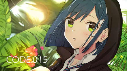 Anime-style 4K Ultra HD wallpaper of Ichigo from Darling in the FranXX, featuring vibrant colors and detailed shading with tropical foliage in the background.