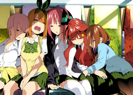 HD wallpaper featuring Yotsuba, Nino, Miku, Itsuki, and Ichika Nakano from the anime The Quintessential Quintuplets, depicted in a cozy, casual setting.