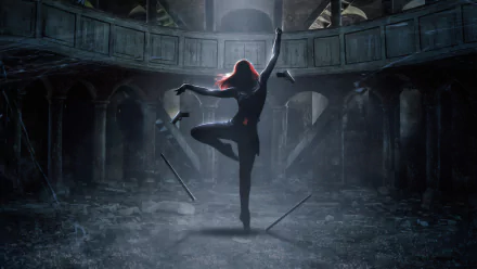 HD desktop wallpaper featuring Black Widow, a woman warrior from the comic series, striking a dramatic pose in a dimly lit, dilapidated building with light filtering from above.