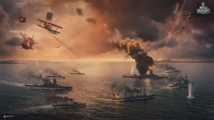 HD desktop wallpaper depicting a dramatic World of Warships battle with warplanes attacking battleships amid explosions on a cloudy ocean battlefield.