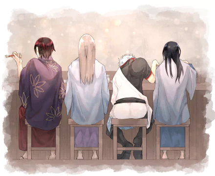HD PC desktop wallpaper featuring anime characters Yoshida Shouyou, Gintoki Sakata, Kotaro Katsura, and Shinsuke Takasugi from Gintama, shown sitting with their backs turned.