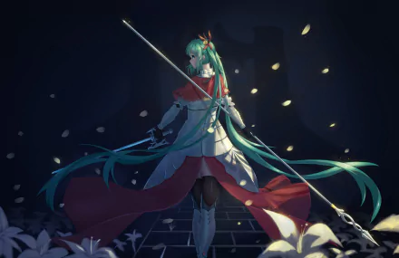 HD desktop wallpaper featuring Hatsune Miku, an anime character from Vocaloid, in a dramatic scene holding a sword with light petals floating around her, creating a captivating background.