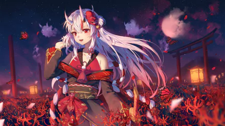 HD wallpaper of Nakiri Ayame from Hololive, an anime-style Virtual YouTuber with white hair, red eyes, and horns in a vibrant night landscape.