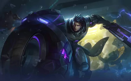 HD PC desktop wallpaper of Alucard from the video game Mobile Legends: Bang Bang, leaping beside a neon-lit futuristic bike, sword drawn against a stormy, glowing city backdrop.