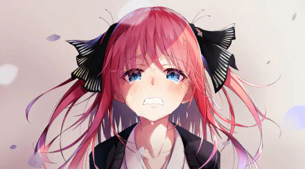 HD desktop wallpaper featuring Nino Nakano, an anime character from The Quintessential Quintuplets, with a determined expression and flowing pink hair, set against a neutral background.